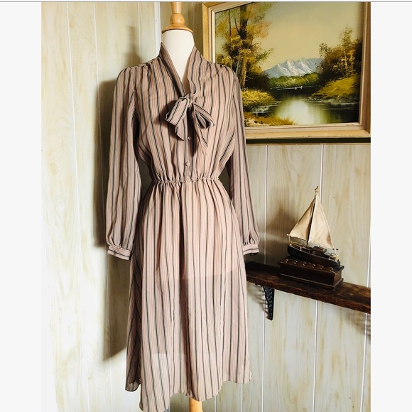 Vintage Dresses & Skirts - 1970’s PussyBow Olive Striped Dress